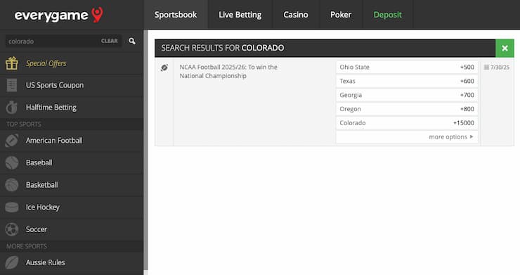 An image of the betting screen from Everygame, a popular online sportsbook in Wyoming.